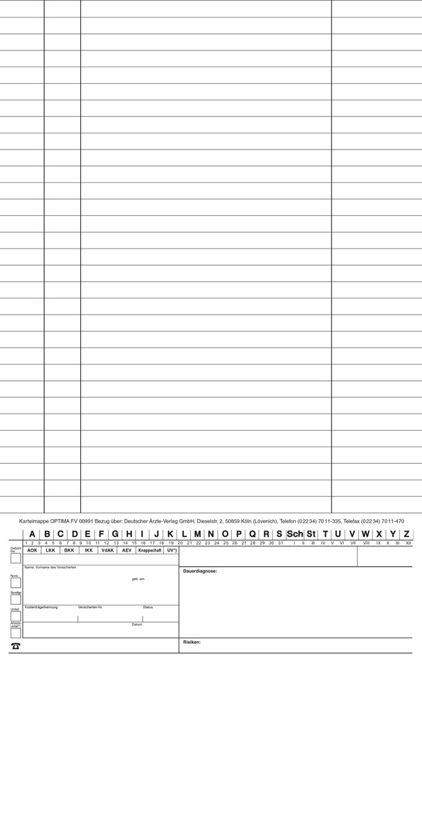 Offene Karteimappe in Weiß, strukturiert für die Organisation von Patientendaten in Arztpraxen, enthält Felder für Krankenkassenangaben, Überweisungen und Befunde sowie Platz für Notizen.