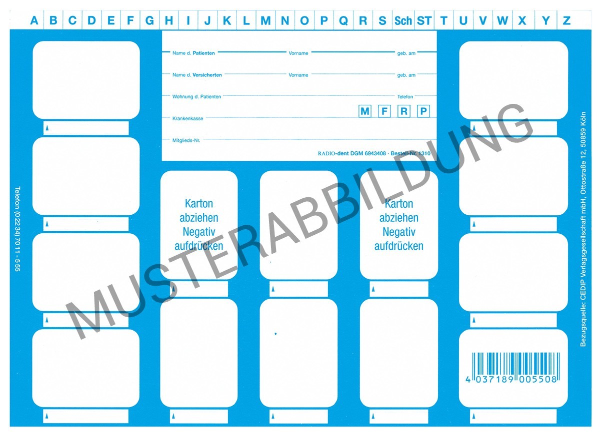 Die RADIO-dent Röntgenaufnahmen im DIN A5 Format bieten auf hochwertigem Karton 14 Felder, die jeweils Platz für Röntgenaufnahmen im Format 30 x 40 mm bieten. Eine effiziente Lösung zur ordentlichen Archivierung und Dokumentation von Röntgenbildern.