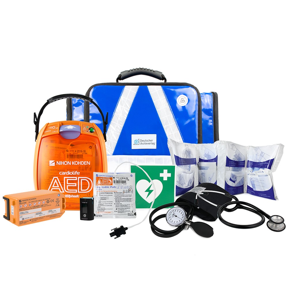 Cardio-Notfall-Set: Cardiolife AED 3100 + Tasche mit Notfallfüllung