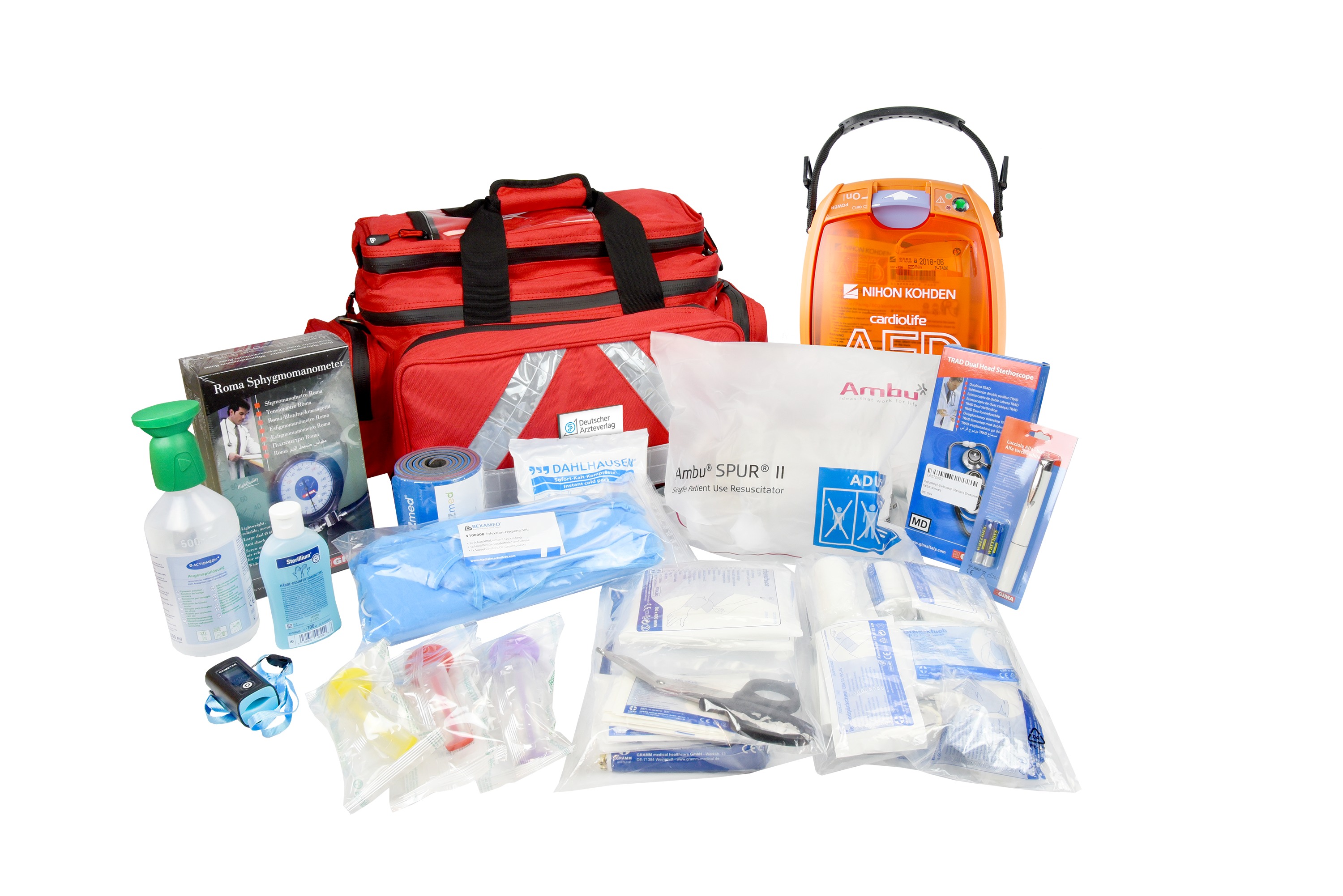 Lebensretter-Set: Cardiolife AED 3100 inkl. Notfalltasche mit Erste-Hilfe-Füllung