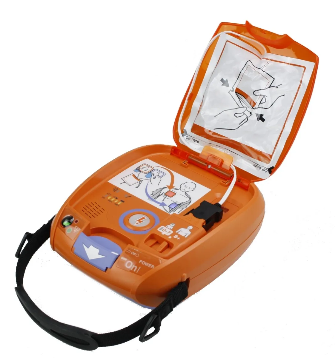 Geöffneter orangener Defibrillator mit schwarzem Griff. 